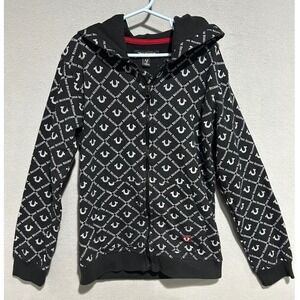 True Religion Zip Up Hooded Jacket Kids Small Black White‎ Monogram Logo Print
